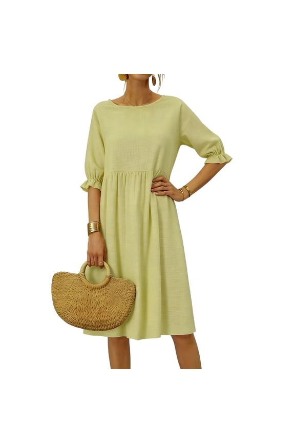 Women's Spring Summer Casual Loose Fit Linen Dress with Round Neck Ruffles Three-Quarter Sleeve Midi Length Bohemian Style for Everyday Wear Dresses