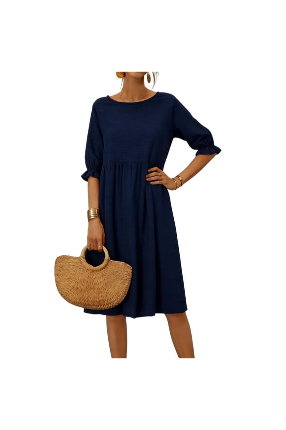Women's Spring Summer Casual Loose Fit Linen Dress with Round Neck Ruffles Three-Quarter Sleeve Midi Length Bohemian Style for Everyday Wear Dresses