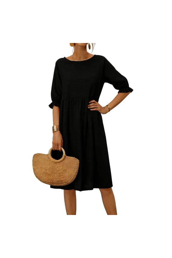 Women's Spring Summer Casual Loose Fit Linen Dress with Round Neck Ruffles Three-Quarter Sleeve Midi Length Bohemian Style for Everyday Wear Dresses