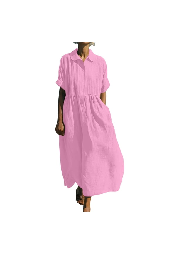 Women's Spring Summer Casual Party Short Sleeve Crew Neck Relaxed Fit Shirt Dress Solid Knee-Length Polyester Dresses