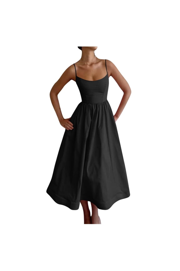 Women's Square Neck Sleeveless Tea-Length A-Line Dress with Waist Cinched Pleated and Large Hem Dress for Summer Casual Party