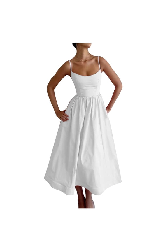 Women's Square Neck Sleeveless Tea-Length A-Line Dress with Waist Cinched Pleated and Large Hem Dress for Summer Casual Party