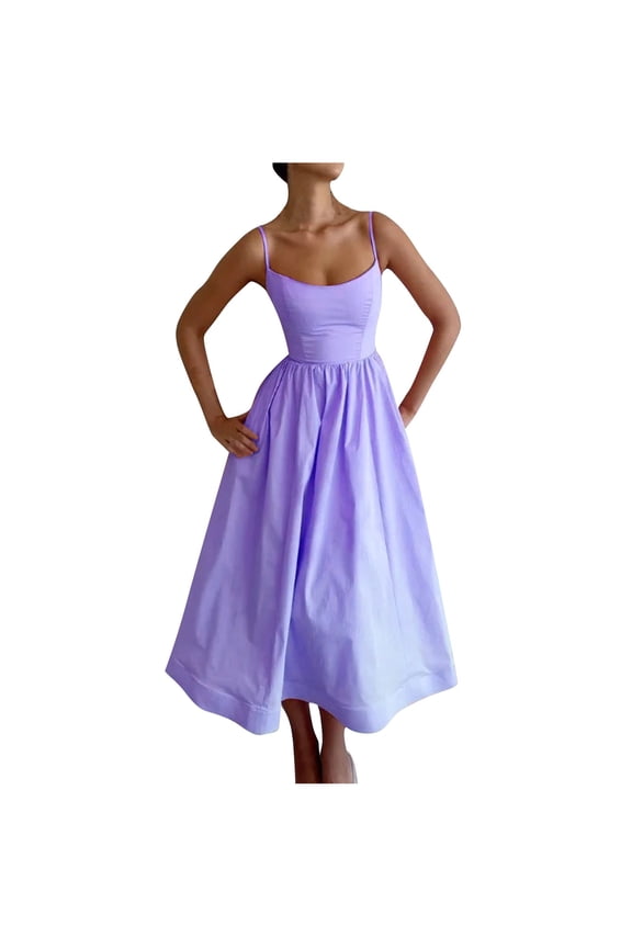 Women's Square Neck Sleeveless Tea-Length A-Line Dress with Waist Cinched Pleated and Large Hem Dress for Summer Casual Party
