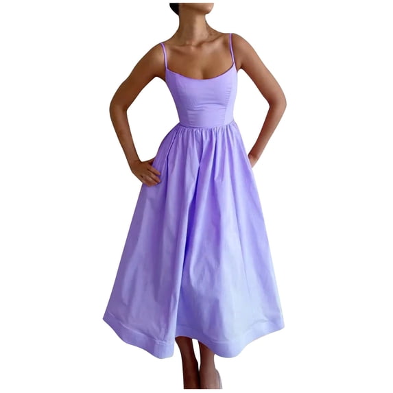 Kukoosong Women's Square Neck Sleeveless Tea-Length A-Line Dress with Waist Cinched Pleated and Large Hem Dress for Summer Casual Party