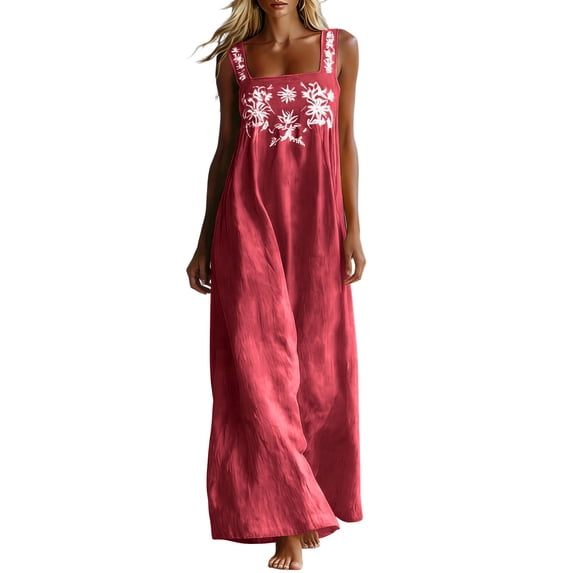 Kukoosong Women's Square Neck Spaghetti Strap Floral Embroidered Maxi Dress, Casual Loose Sleeveless Long Dress with Pockets, Bohemian Vacation Flowy Dress for Summer