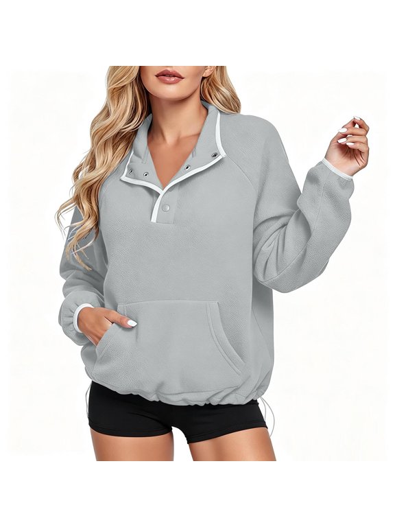 Women's Stand Collar Snap Henley Fleece Pullover Tops, Fall Winter Long Sleeve Raglan Sleeve Sweatshirt with Kangaroo Pocket, Drawstring Hem Color‑Block Trim Casual Jacket Tops