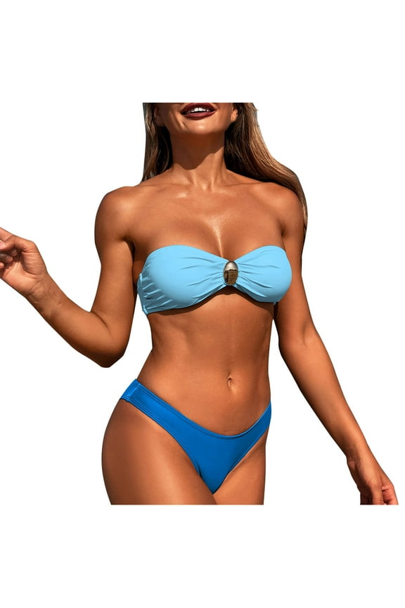 Women's Strapless Bandeau Bikini Set with Support, Solid Color Two-Piece Swimsuit for Beach and Pool