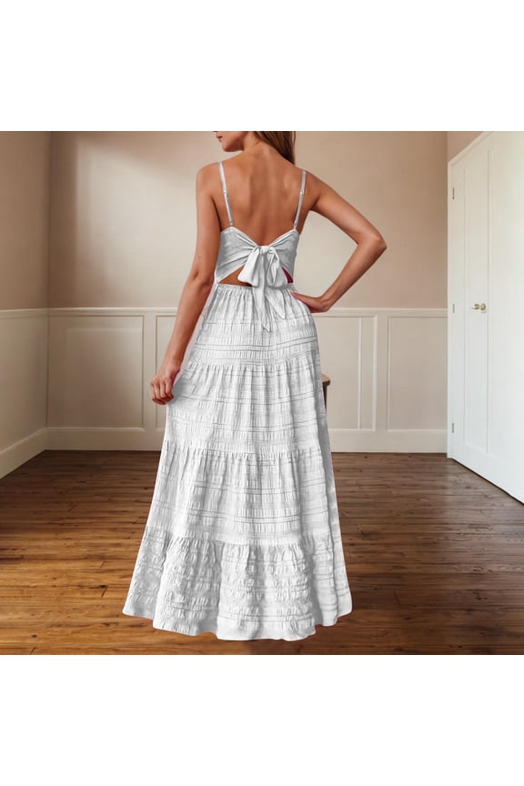 Women's Summer Bohemian Sleeveless V-Neck Tiered Maxi Dress with Pleated Details and Back Tie for Casual Beach Party Wedding Guest Occasion Dresses
