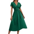 thumbnail image 1 of Kukoosong Women's Summer Casual Solid Color V-Neck Short Sleeve A-Line Tea-Length Dresses with Pocket and Elastic Waist Dresses, 1 of 7