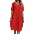 thumbnail image 1 of Kukoosong Women's Summer Casual Solid V-Neck Short Sleeve Sundress with Pockets Tea-Length Relaxed Fit Dresses, 1 of 7
