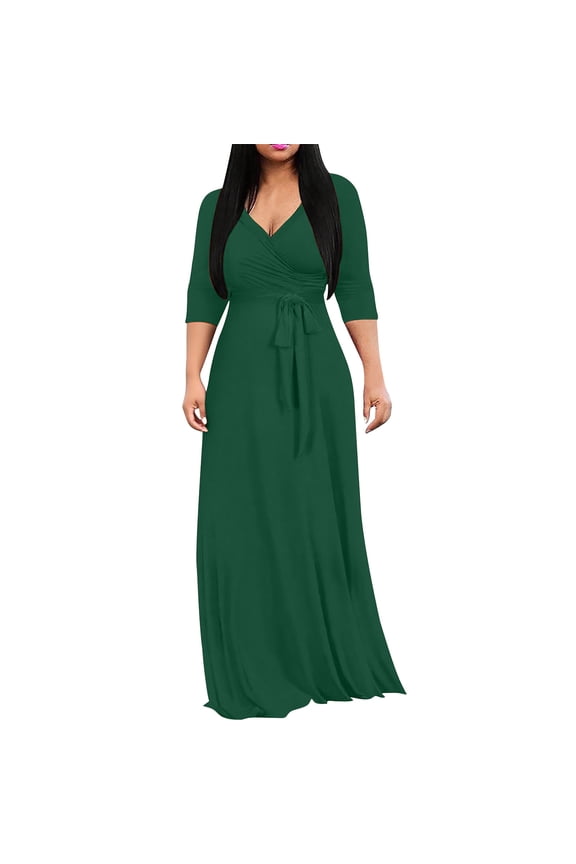Women's Summer Half Sleeve Solid Color V-Neck Waist Cinched Bodycon Long Dress Wedding Guest Cocktail Party Evening Gown Dresses