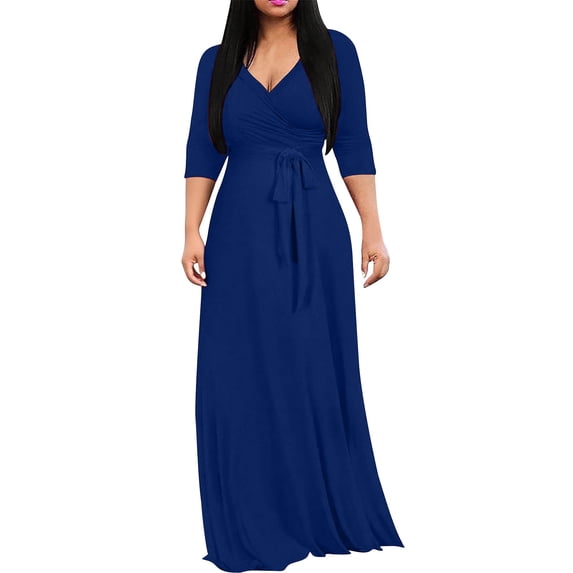 Kukoosong Women's Summer Half Sleeve Solid Color V-Neck Waist Cinched Bodycon Long Dress Wedding Guest Cocktail Party Evening Gown Dresses
