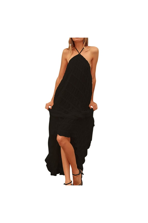 Women's Summer Halter Neck Sleeveless Maxi Dress Solid Color Loose Fit Slip Dress for Casual Vacation Beach Party Dresses