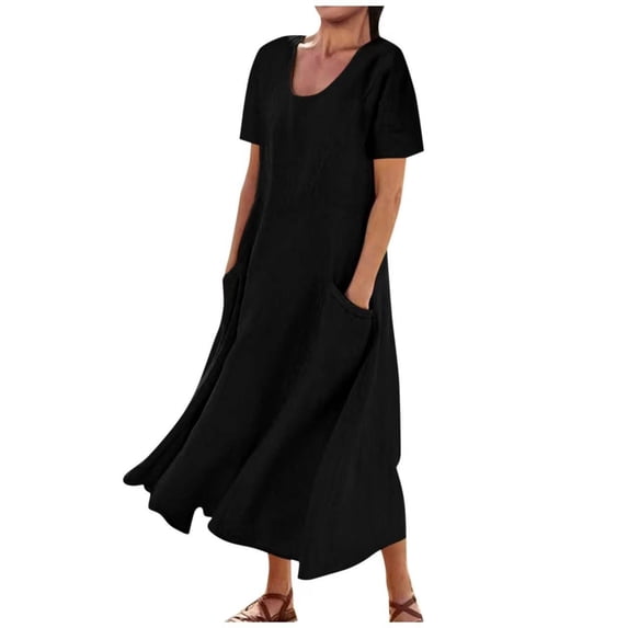 Kukoosong Women's Summer Short Sleeve A-Line Tea-Length Dress with Crew Neck and Pockets, Solid Color Soft Comfortable Casual Long Dress