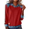 thumbnail image 1 of Kukoosong Women's Denim Patchwork Collared Long Sleeve Sweatshirt, Loose Fit Casual Pullover Tops, 1 of 7