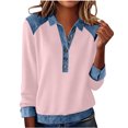thumbnail image 1 of Kukoosong Women's Denim Patchwork Collared Long Sleeve Sweatshirt, Loose Fit Casual Pullover Tops, 1 of 8