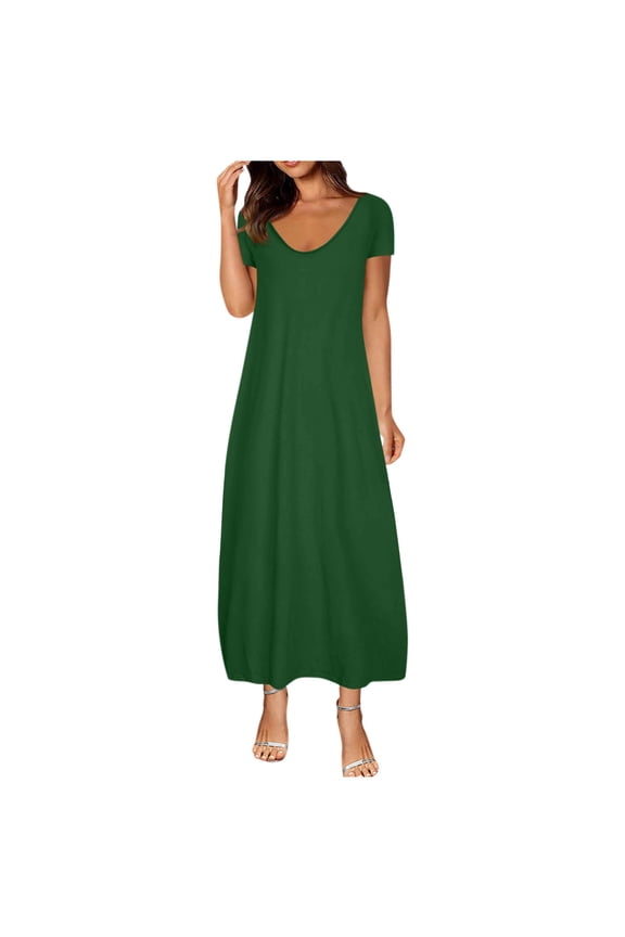 Women's T-Shirt Dresses with Pockets Solid Color Round Neck Short Sleeve Tea-Length Casual Slim Fit for All Occasion Wear Midi Dresses