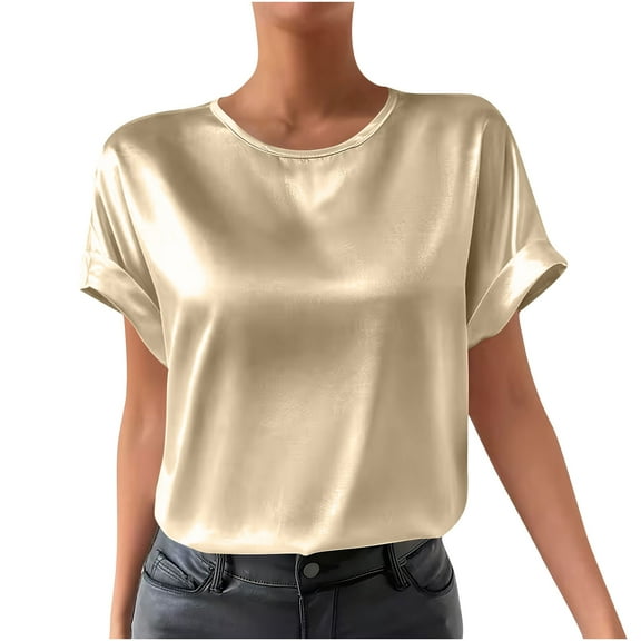 Kukoosong Women's T-Shirt Soft Fitted Elastic Tees, Women Casual Fashion Solid Color V-Neck Satin Top