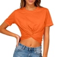 thumbnail image 1 of Kukoosong Women's Crew Neck Short Sleeve Twist Front Crop Top, Casual Soft Solid Color Cropped T-Shirt, 1 of 7