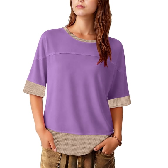 Kukoosong Women's T-shirts Solid Color Elbow-Length Crew Neck Oversized for Summer Casual, Trendy and Comfortable Tee Shirt for Women