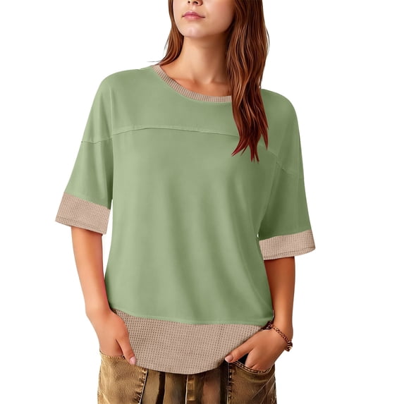 Kukoosong Women's T-shirts Solid Color Elbow-Length Crew Neck Oversized for Summer Casual, Trendy and Comfortable Tee Shirt for Women