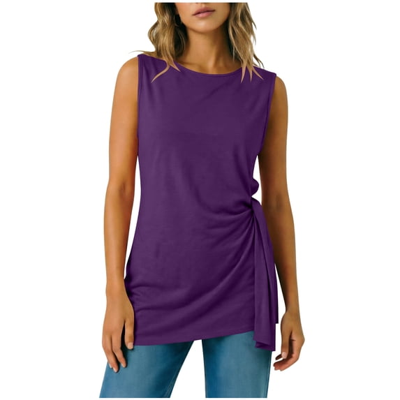 Kukoosong Women's Tunic Tank Tops, Side Ruched Irregular Hem Loose Fit Camisole Tops, Soft Stretchy Long Vest Shirts for Beach, Summer Casual Round Neck Sleeveless Tanks