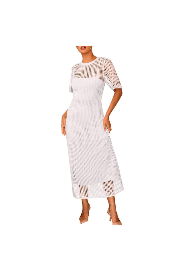 Women's Two-Piece Evening Gown Dress Set with Short Sleeve Crew Neck Tea-Length Slim Fit for Wedding Party Cocktail Formal Prom Night Out Summer Spring Casual Wear Dresses