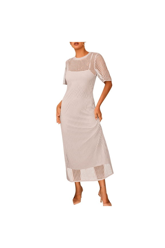 Women's Two-Piece Evening Gown Dress Set with Short Sleeve Crew Neck Tea-Length Slim Fit for Wedding Party Cocktail Formal Prom Night Out Summer Spring Casual Wear Dresses