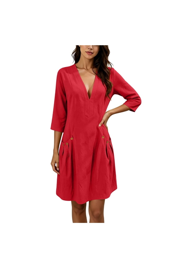 Women's V Neck 3/4 Sleeve Casual Tunic Dress, Loose Fit Mini Dress with Pockets, Solid Color Summer Swing Dress for Women