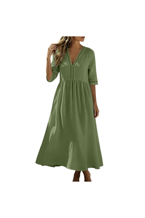 Women's V-Neck Elbow-Length Sleeve Maxi Dress, Casual Tiered A-Line Dress for Summer Beach Vacation, Flowy Lace Plaid Long Sundress