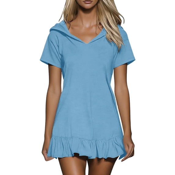 Kukoosong Women's V Neck Hooded T-Shirt Dress, Casual Ruffle Hem Mini Tunic Coverup Dress, Summer Beach Short Sleeve Flared Sundress