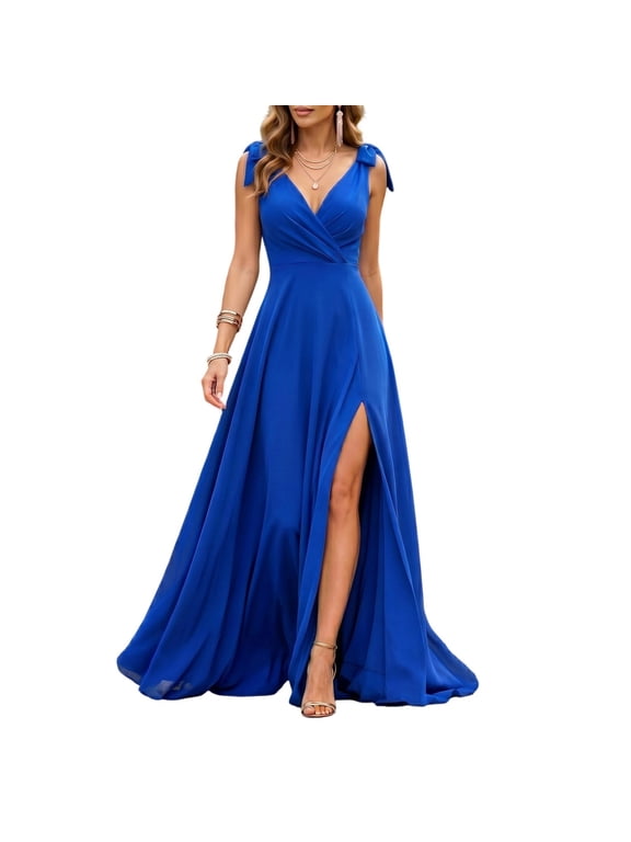 Women's V Neck Maxi Dress, Sleeveless Shoulder Bow Wrap Bodice Formal Gown, High Side Slit A Line Wedding Guest Prom Dress