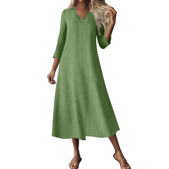 Kukoosong Women's V-Neck Slim Fit Peasant Tea-Length Dress with 3/4 Sleeves and Zipper Pockets for Casual Party Wedding Work Vacation Dresses