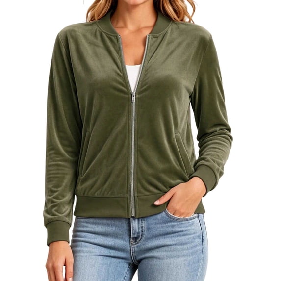 Kukoosong Women's Velvet Bomber Jacket, Long Sleeve Full Zip Up Stand Collar Velour Coat with Pockets, Slim Casual Lightweight Outerwear for Spring Fall Daily Wear
