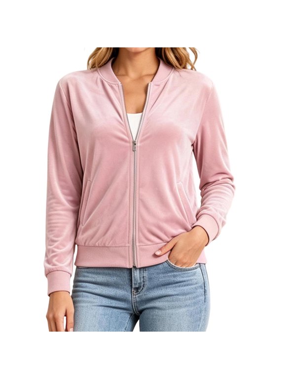 Women's Velvet Bomber Jacket, Long Sleeve Full Zip Up Stand Collar Velour Coat with Pockets, Slim Casual Lightweight Outerwear for Spring Fall Daily Wear