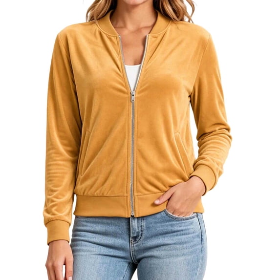 Kukoosong Women's Velvet Bomber Jacket, Long Sleeve Full Zip Up Stand Collar Velour Coat with Pockets, Slim Casual Lightweight Outerwear for Spring Fall Daily Wear