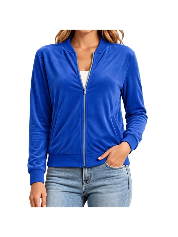 Women's Velvet Bomber Jacket, Long Sleeve Full Zip Up Stand Collar Velour Coat with Pockets, Slim Casual Lightweight Outerwear for Spring Fall Daily Wear