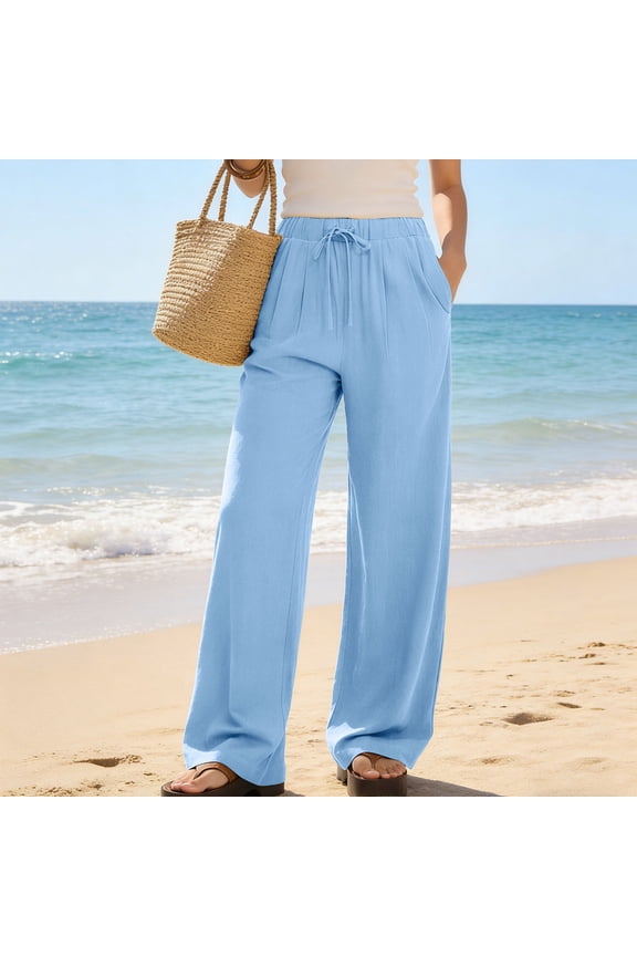 Women's Wide Leg Pants with Pockets High Waisted Elastic Waistband Flare Lounge Pants Summer Casual Trousers Full Length Solid Color Stretchy Plus Size Tall Petite