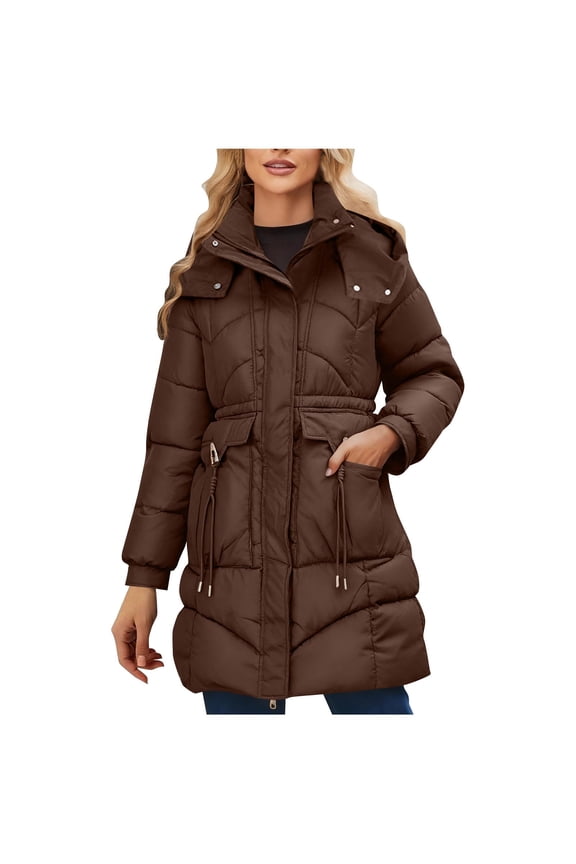Women's Winter Down Jackets, Fashion Casual Long-sleeved Parkas, Hood Pocket Cinched Waist Puffer Coats