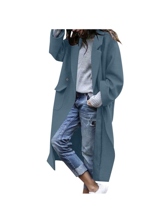 Women's Winter Wool Coat, Casual Solid Color Single-Breasted Peacoat, Elegant Slim Wool Blend Trench Coat Jacket with Functional Pockets