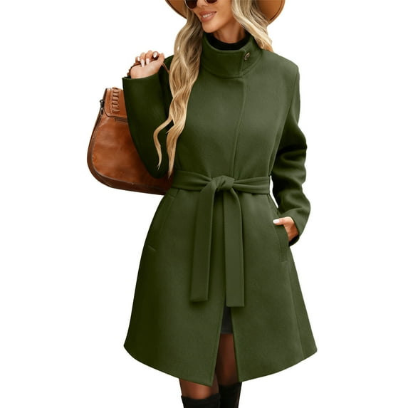 Kukoosong Women's Winter Wool Coat, Casual Stand Collar Bandage Single-Breasted Peacoat, Elegant Slim Wool Blend Lining Pocket Over Coat