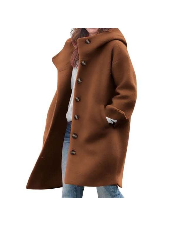 Women's Winter Wool Coats, Casual Solid Color Peacoats, Long Sleeve Button Hooded Woolen Coat Jacket with Pocket