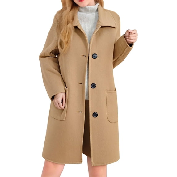Kukoosong Women's Winter Wool Coats, Fashion Long Sleeve Turn-down Collar Cardigans, Midi Long Wool Open Front Pea Coat