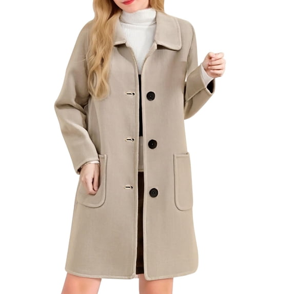 Kukoosong Women's Winter Wool Coats, Fashion Long Sleeve Turn-down Collar Cardigans, Midi Long Wool Open Front Pea Coat