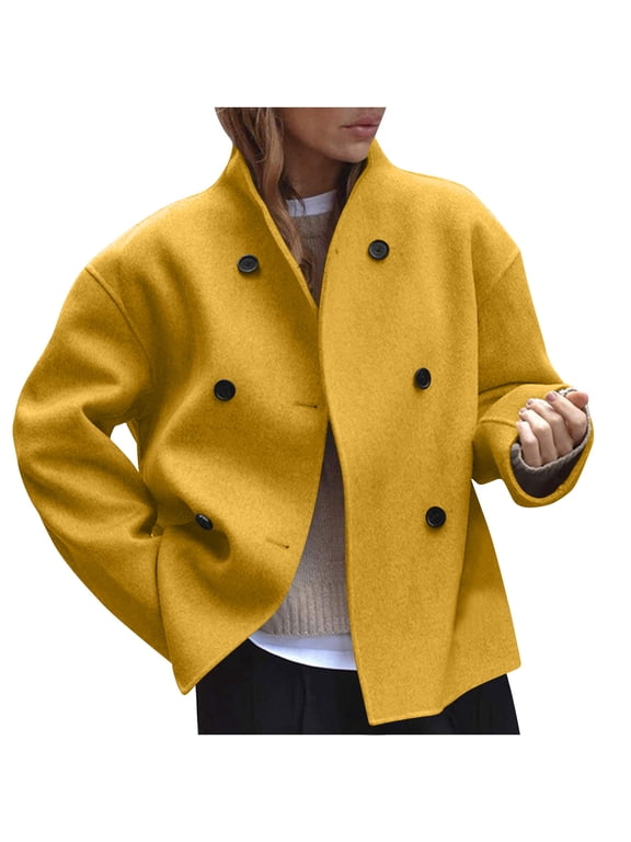 Women's Winter Wool Coats, Solid Color Vintage Tweed Jacket, Cropped Wool Pea Coat with Pockets