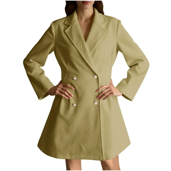 Kukoosong Women's Winter Wool Coats, Women Woolen Long Lapel Pearl Button Decorative Jacket, Casual Notch Lapel Peacoat