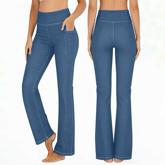 Kukoosong Yoga Pants for Women, Women's Solid Color Elastic Denim Four Pockets Leggings Fitness and Casual Leggings Long Pants, Workout Athletic Leggings