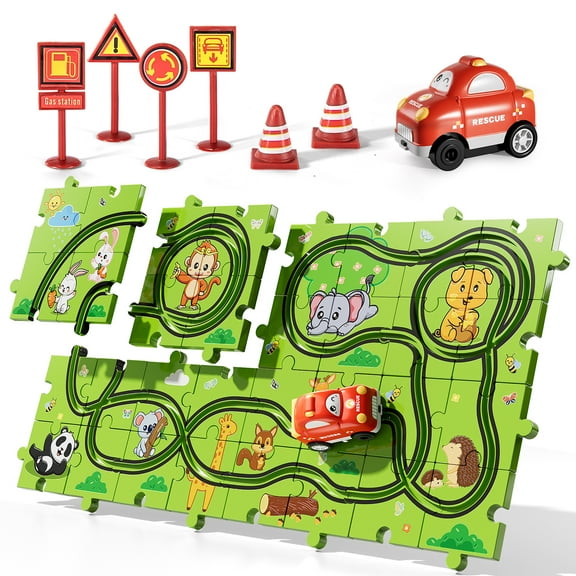iHaHa 39 PCS Jigsaw Puzzle Race Track Car Set Toys for Kids Boys 3-5 4-6, Puzzle Tracks Car Toys Gifts for 3 4 5 Year Old Boys Kids