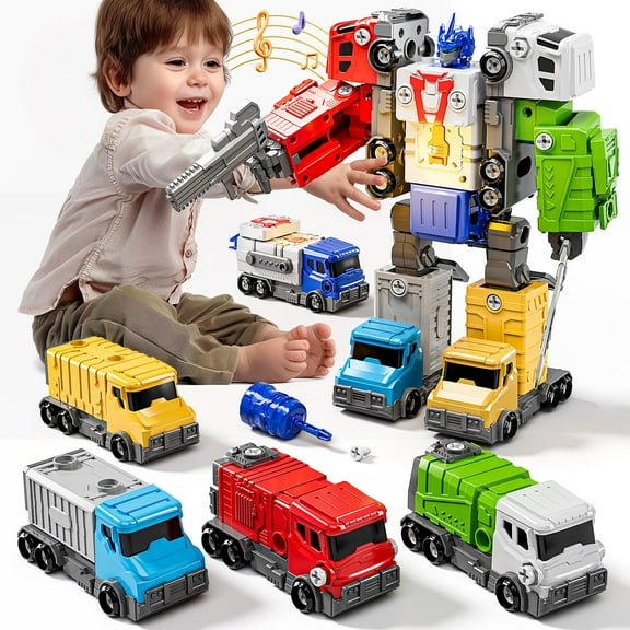 KukuFun 5 in 1 Take Apart Vehicle Trucks Toys for Toddlers Ages 2-6 Years Old Boys, Transform to Robot, Construction Truck Toys with Light & Sound, Birthday Gift for Boys Ages 3-5