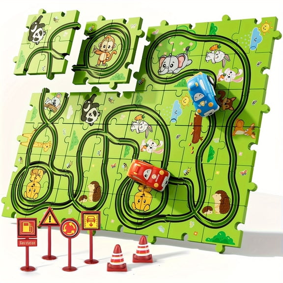 IHAHA 56 Jigsaw Puzzle Race Car Set Toys for Kids Ages 3-6 Years Old Boys, Kids Toys Gifts for Ages 3 4 5, Race Car Track Toys with Accessories